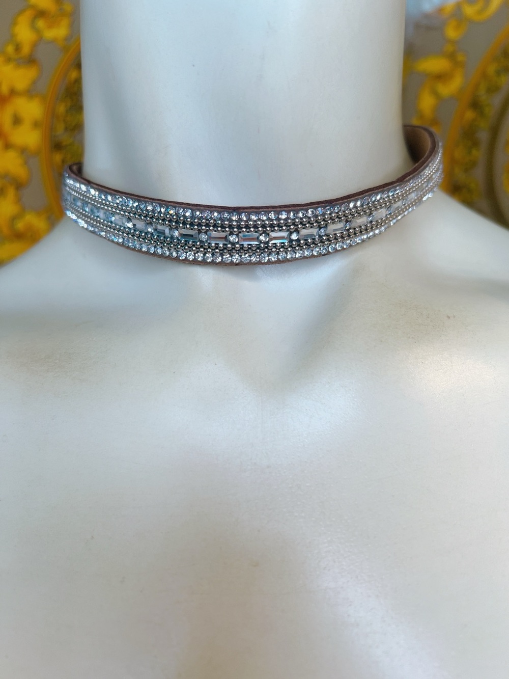 Crystal bling Choker baguette round cut suede beige 14” to 15.5”